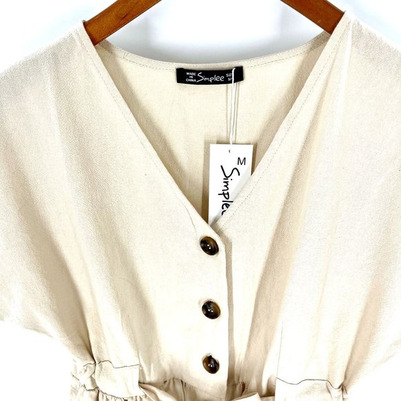 NWT Simplee Women's Medium Dress Tan Safari V Neck Short Sleeve Button Down Fron - Picture 2 of 5